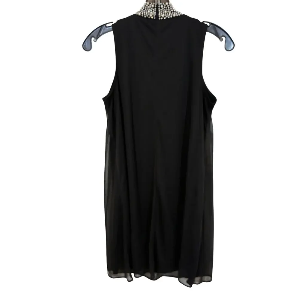 Tiana B Sleeveless Black Embellish Dress 6P Mock Neck Sleek Chic Flowy Event - Picture 6 of 7